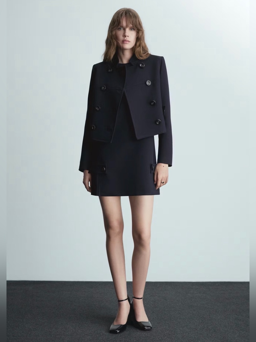Double-breasted cropped jacket   & short dress with decorative buttons